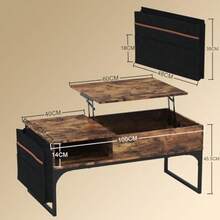 HOMEMAKE FURNITURE Mesa de Centro Elevable Estilo Industrial Rústico Almacenamiento Oculto Revistero Lateral Base Metálica Armado Fácil para Sala u Oficina Nogal - Bastante - Ver 2