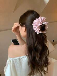 1pc Women's Pink Satin Flower Scrunchie, Delicate Luxury Hair Accessory, Romantic Spring/Summer Vibe Oversized Scrunchie, Hair Accessories - Pink - View 6