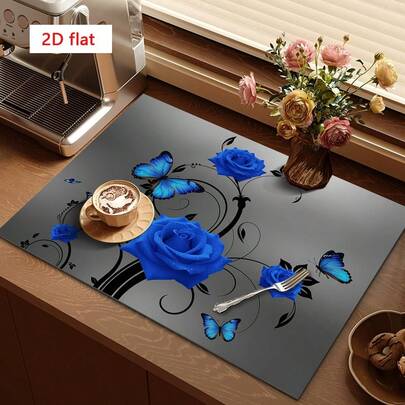 1 pieza Tapete de secado de platos, Tapete para máquina de café, Decorado con rosas azules y mariposas azules, Excelente absorción de agua, Adecuado para mesa de comedor y uso en cafetería, Tapete de drenaje multiusos, Regalo para el hogar, Decoración de escritorio