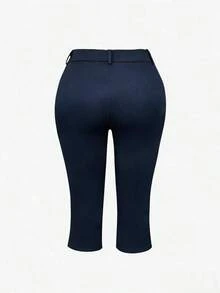 Women's Lightweight 7/8 Pants, Elegant Black Skort, Stretchy Slit Hem, Slim Fit Leggings, 7/8 Pants, Skinny Pants, Button & Zipper Design, Suitable For Summer/Autumn Casual, Outing, And Date Wear - 藏蓝色 - 查看 7