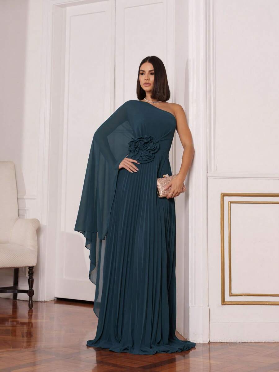 Long Chiffon Party Dress For Bridesmaids With Cape And Flower Detail For Wedding. - Màu xanh lá cây đậm - Xem 1