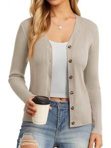 Women's Long Sleeve Button Up Cardigan Sweaters Ribbed Knit Open Front Casual - Oatmeal - View 8