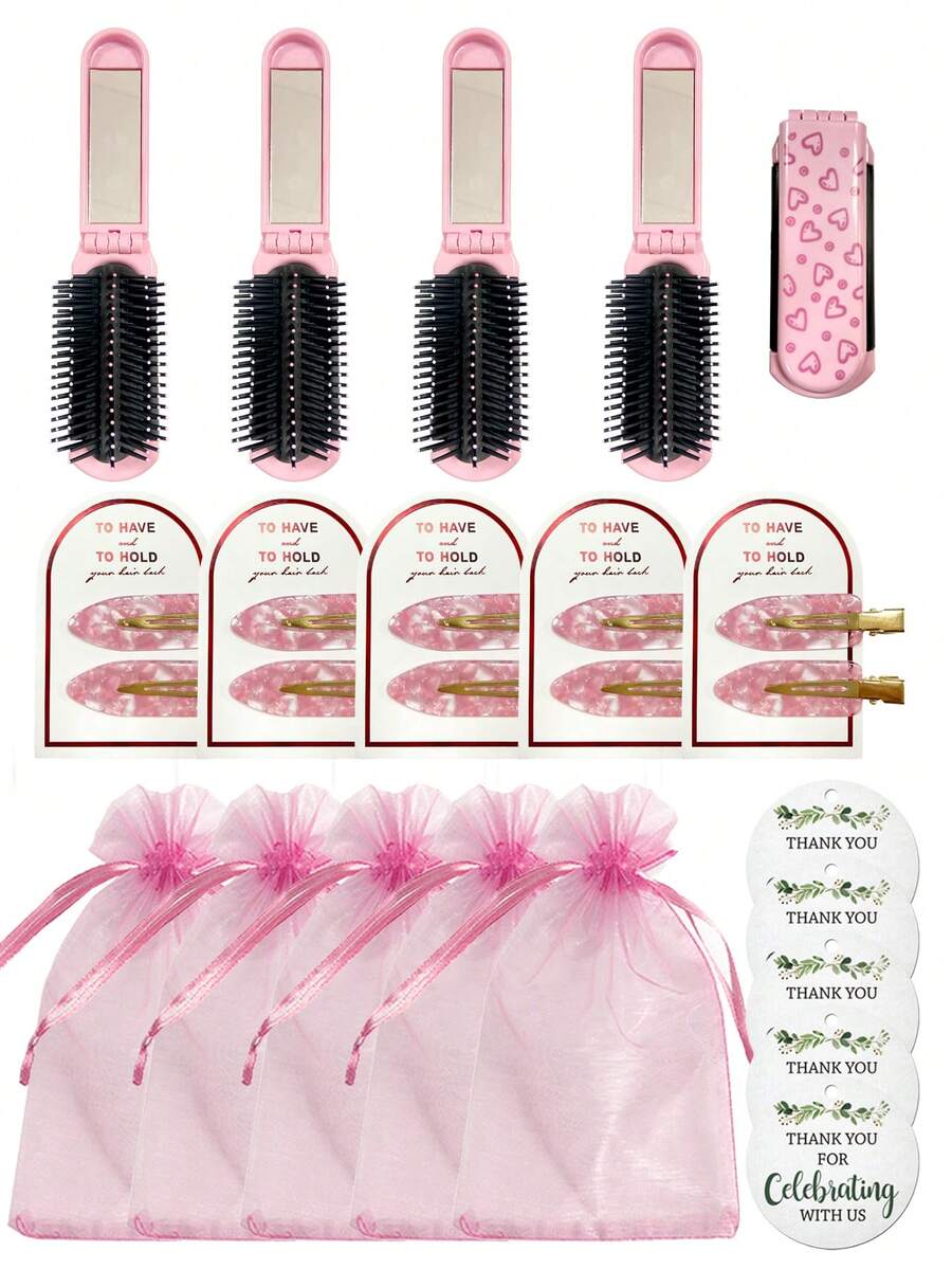 Brodark 4/20件套包含粉色爱心图案折叠气垫梳、镜子、卡片、束口袋和无痕发夹（每套4件，5套共20件），适合女性、伴娘、婚礼礼物、婚礼庆典、生日派对、情人节、母亲节等场合。 - 粉色 - 查看 1