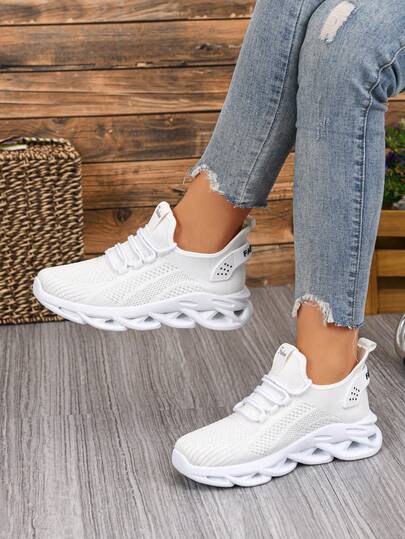 女士时尚舒适系带软底休闲运动鞋，春夏新款轻便针织网面/镂空厚底休闲运动鞋，健身、跑步、徒步、驾驶的理想之选