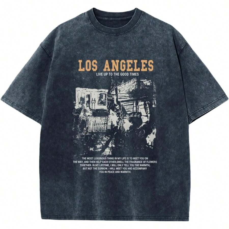 Oversized Graphic Tshirts For Men Acid Wash Los Angeles Vintage Tees Streetwear Baggy Cotton Shirts Casual Topssummer Outfits For Women - 牛仔藍 - 查看 1