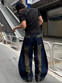 1pc Justice Brother Casual High Street Niche Design Leopard Print Patchwork Men's Blue Denim Jeans, Versatile Loose Fit Wide Leg Pants, All Season - Blue - View 4