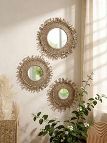 1个波西米亚风格圆形流苏镜，适合客厅、卧室悬挂，波西米亚风格装饰圆形镜，农舍风格家居装饰镜，流苏串珠装饰镜，室内壁挂镜，简约波西米亚风格镜，农舍风格梳妆镜，适合客厅、卧室、浴室、儿童房、玄关。 - 彩色 - 查看 1
