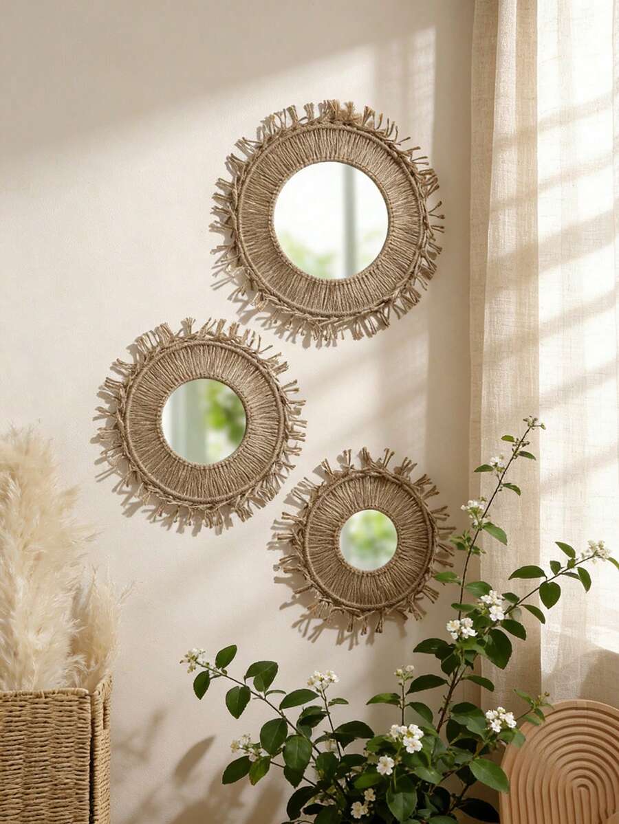 1个波西米亚风格圆形流苏镜，适合客厅、卧室悬挂，波西米亚风格装饰圆形镜，农舍风格家居装饰镜，流苏串珠装饰镜，室内壁挂镜，简约波西米亚风格镜，农舍风格梳妆镜，适合客厅、卧室、浴室、儿童房、玄关。 - 彩色 - 查看 1