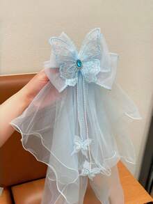 1pc Glitter Bow Hair Clip, Soft Mesh Pearl Chain Hair Accessory, Aesthetic Style Hair Decoration For Girls - Multicolor - View 6