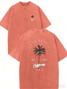 Men's Washed Print Graphic Tees-"Santa Barbara California" Palm Tree Groove Clothing 100% Pure Cotton Double-Sided Printed T-Shirt, Suitable For Men And Women, The Best Gift For Summer Casual Short Sleeved T-Shirt-Streetwear Y2K 100 Percent Cotton Tops, Gifts For Boyfriend And Husband - 珊瑚橙 - 查看 5