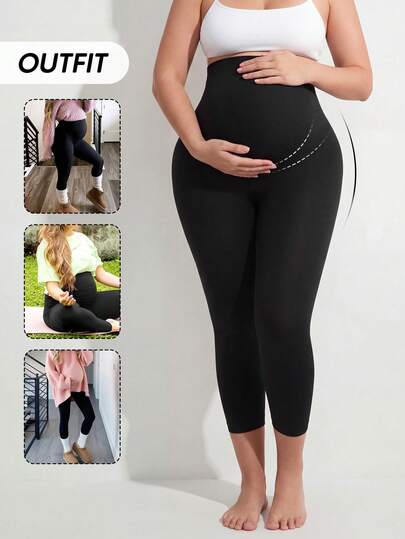 Leggings de maternidad de cintura alta 3/4 de longitud completa con panel de soporte abdominal expandible