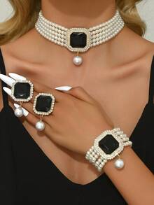 Bộ 4 món sang trọng, cầu kỳ, nhiều lớp đính ngọc trai giả, đá rhinestone và pha lê, gồm vòng cổ, bông tai và vòng tay, thích hợp làm quà tặng cho phụ nữ trong đám cưới, tiệc tùng và các dịp lễ. - Nhiều màu - Xem 5