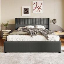 Stauraumbett Polsterbett Hydraulisch Doppelbett 180x200cm, Lattenrost Aus Holz, Bett Mit Lattenrost Aus Metallrahmen, Leinen, Grau - Grey + Linen + 180cm*200cm - 查看 1