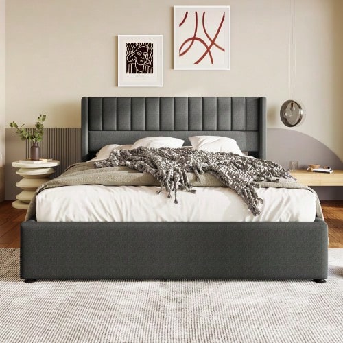 Stauraumbett Polsterbett Hydraulisch Doppelbett 180x200cm, Lattenrost Aus Holz, Bett Mit Lattenrost Aus Metallrahmen, Leinen, Grau - Grey + Linen + 180cm*200cm - 查看 1
