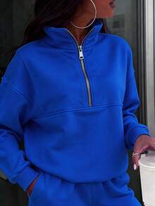 Women's Oversized Half Zip Two-Piece Tracksuit, High Neck Stand Collar Loose Fit Fleece Sweatshirt & Wide Leg Pants Set, Cozy Comfortable Casual Loungewear, Stylish Sports Streetwear Fashion Outfit, Spring Black Essential Versatile Daily Wear, Perfect For Casual Errands, Lounging & Everyday Outdoor Activities  (Local Warehouse Discounts.) | Two Piece Set Women | 2 Piece Sets Woman | Workout Sets Women | Women Two Piece Sets | Sets 2 Piece Women | Conjunto De Dos Piezas Mujer - Màu xanh dương (Phiên bản nâng cấp) - Xem 3