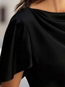 女士新款优雅经典缎面褶裥短袖衬衫，商务休闲衬衫，时尚袖型设计，纯色短袖上衣，四季皆宜，黑色夏季款 - 黑色 - 查看 4