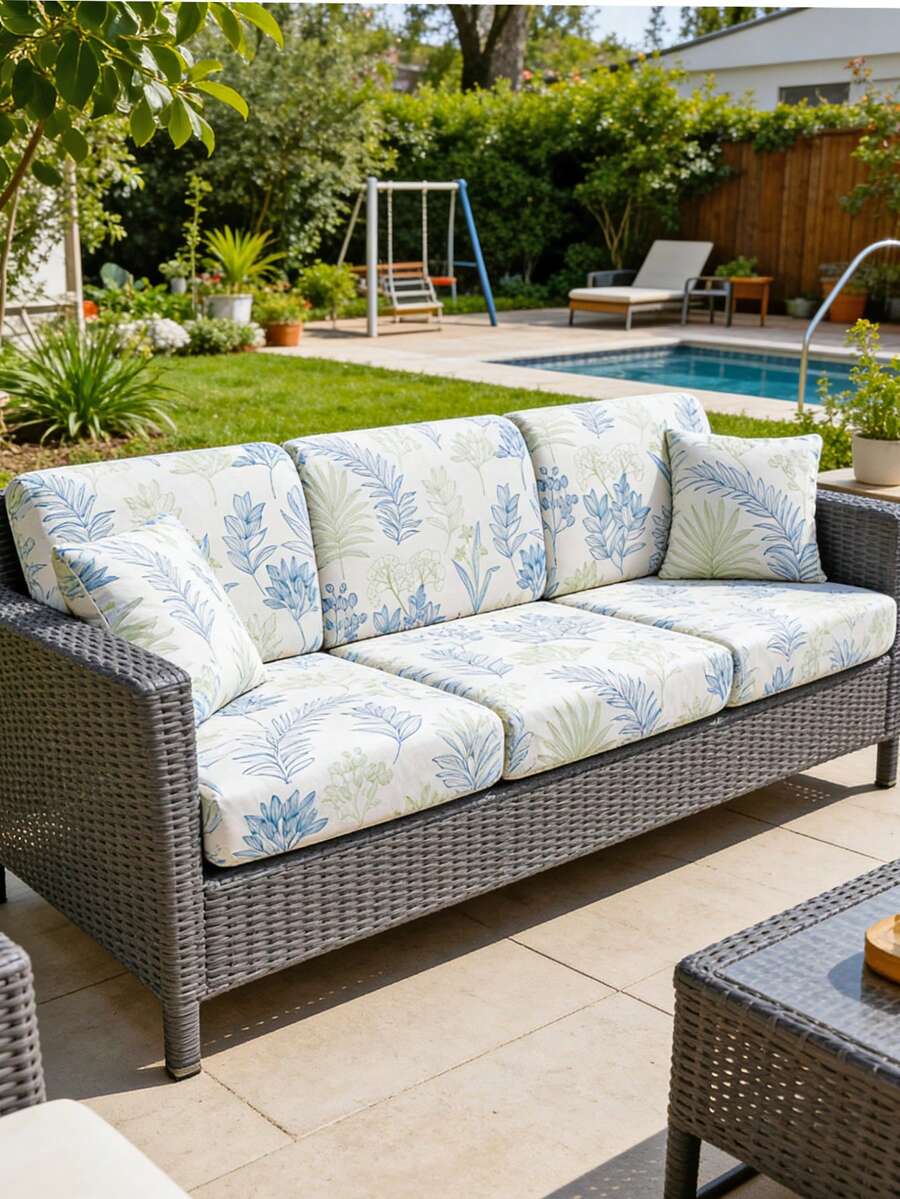 1件装牛奶丝般清凉印花弹力花园户外沙发套，宠物友好，可机洗，防污耐用防滑，节日装饰户外摆设防污，适用于1/2/3/4座露台沙发垫套 - 藍色 - 查看 1