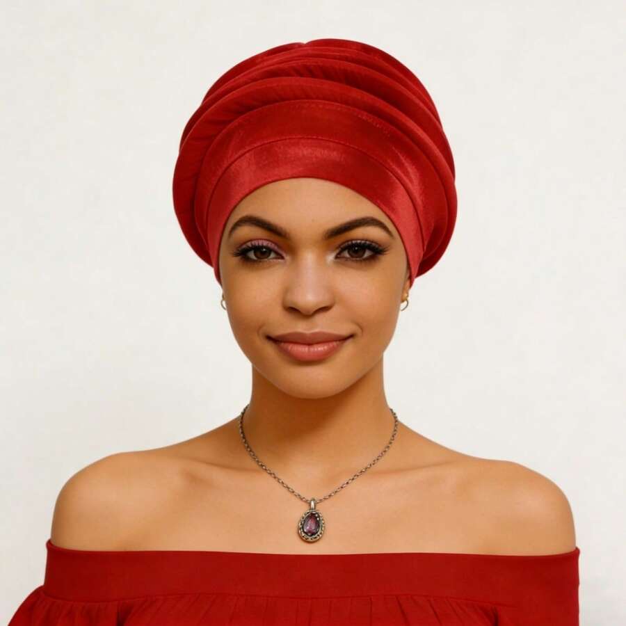 Shimmer African Head Wraps Solid Color Multi-Layer Church Turban For Women Stretch Hat - Red - View 1