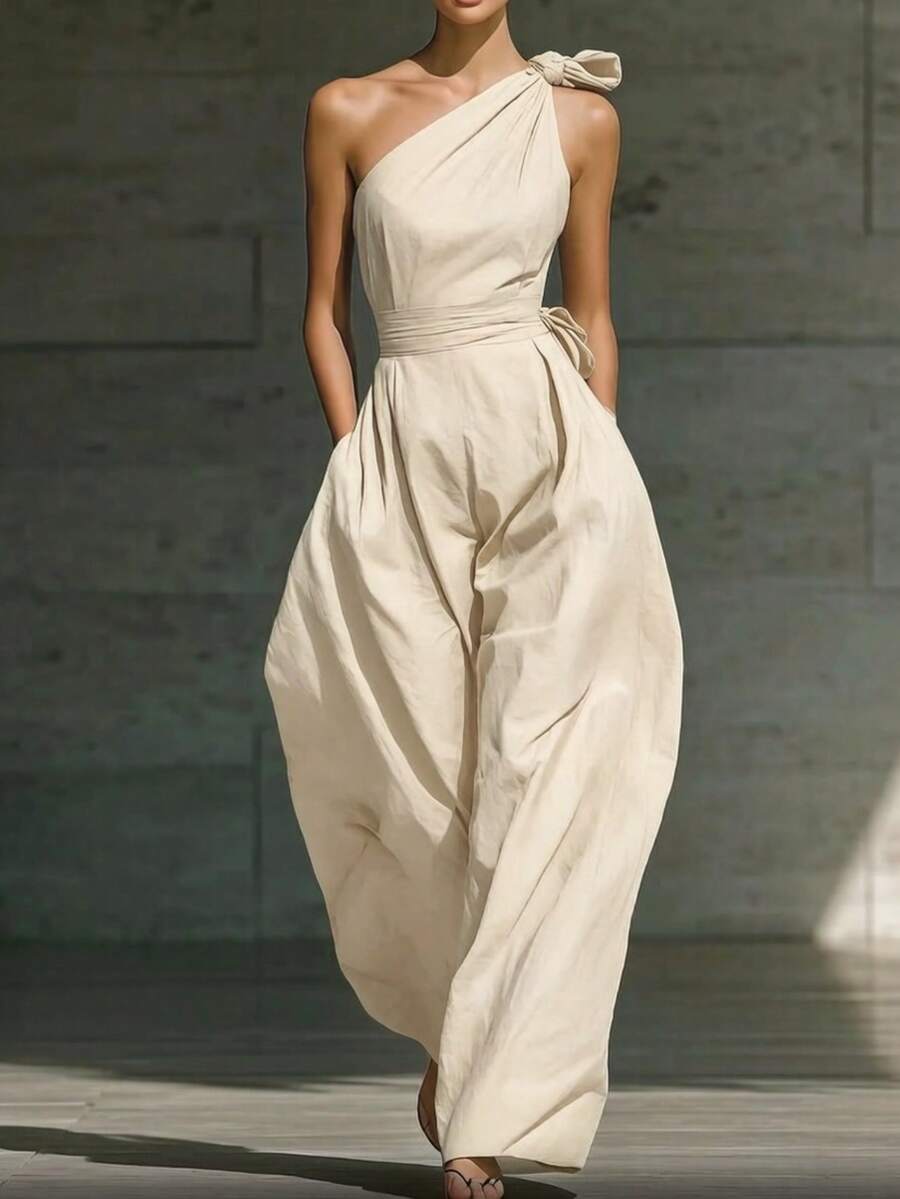2026 New European And American Style Green Shoulder Jumpsuit Women's Fashion Loose Wide-Leg Pants Temperament Thin Long Jumpsuit - trắng - Xem 1