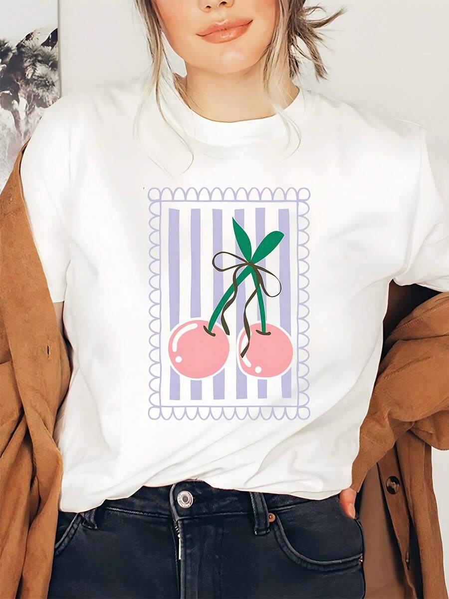 Cherry Stripe Printed Short Sleeved T-Shirt, Graphic Shirts, Casual Round Neck Women's T-Shirt, Women's Clothing, Teacher's T-Shirt - 白色 - 查看 1