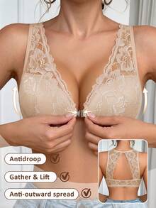 Women's Front Closure Lace Underwire Push Up Bra, Beautiful Back Design, Breathable Comfy, Bust Lifting Gathering, Suitable For Daily And Casual Wear - Beige - View 3