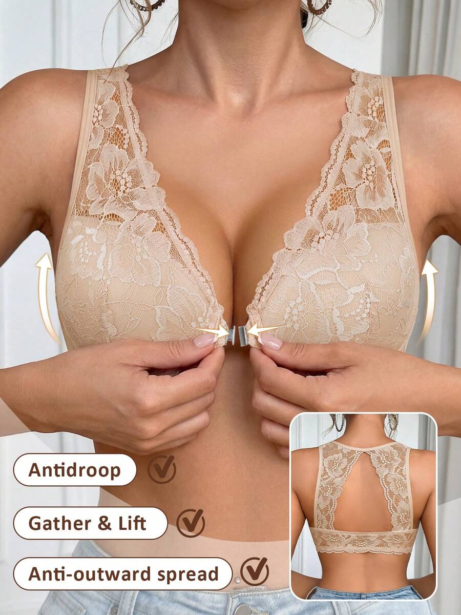 Women's Front Closure Lace Wireless Bra, Backless Design, Breathable & Comfortable, Lift & Gather, Suitable For Casual Daily Wear
