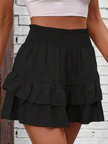 Women's Solid Ruffled Shorts, Low-Rise Elastic Waist Breathable Casual Beach Shorts - Black - View 1