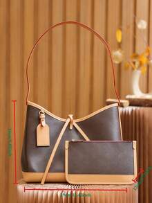 Brown And Beige Leather Tote Bag Set With Small Pouch - Height 24 Cm X Width 29 Cm X Depth 12 Cm, Women's Fashion Shoulder Handbag, Casual Work Everyday Use - Marrón - Ver 6