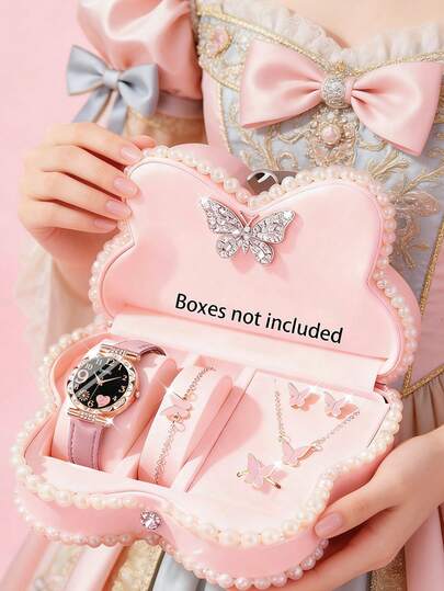 6/5 件套。这款全新、优雅奢华的圆形镶钻石英表套装包含一枚蝴蝶造型的珠宝，包括项链、手链、耳环和戒指。适合参加派对、旅行、日常佩戴，也是母亲节、开学季以及各种节日送给妈妈或朋友的绝佳礼物之选。