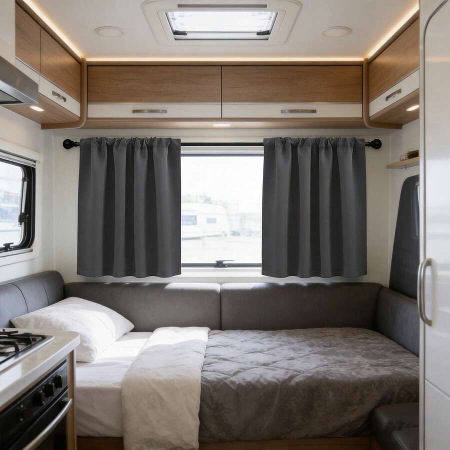 Cortina pequeña opaca, cortina para ventana de caravana/autocaravana, cortina parasol, diseño minimalista de unicolor, instalación práctica con bolsillo para barra, adecuada para caravana, autocaravana, dormitorio, sala de estar, cocina - Negro 1 pieza - Ver 1