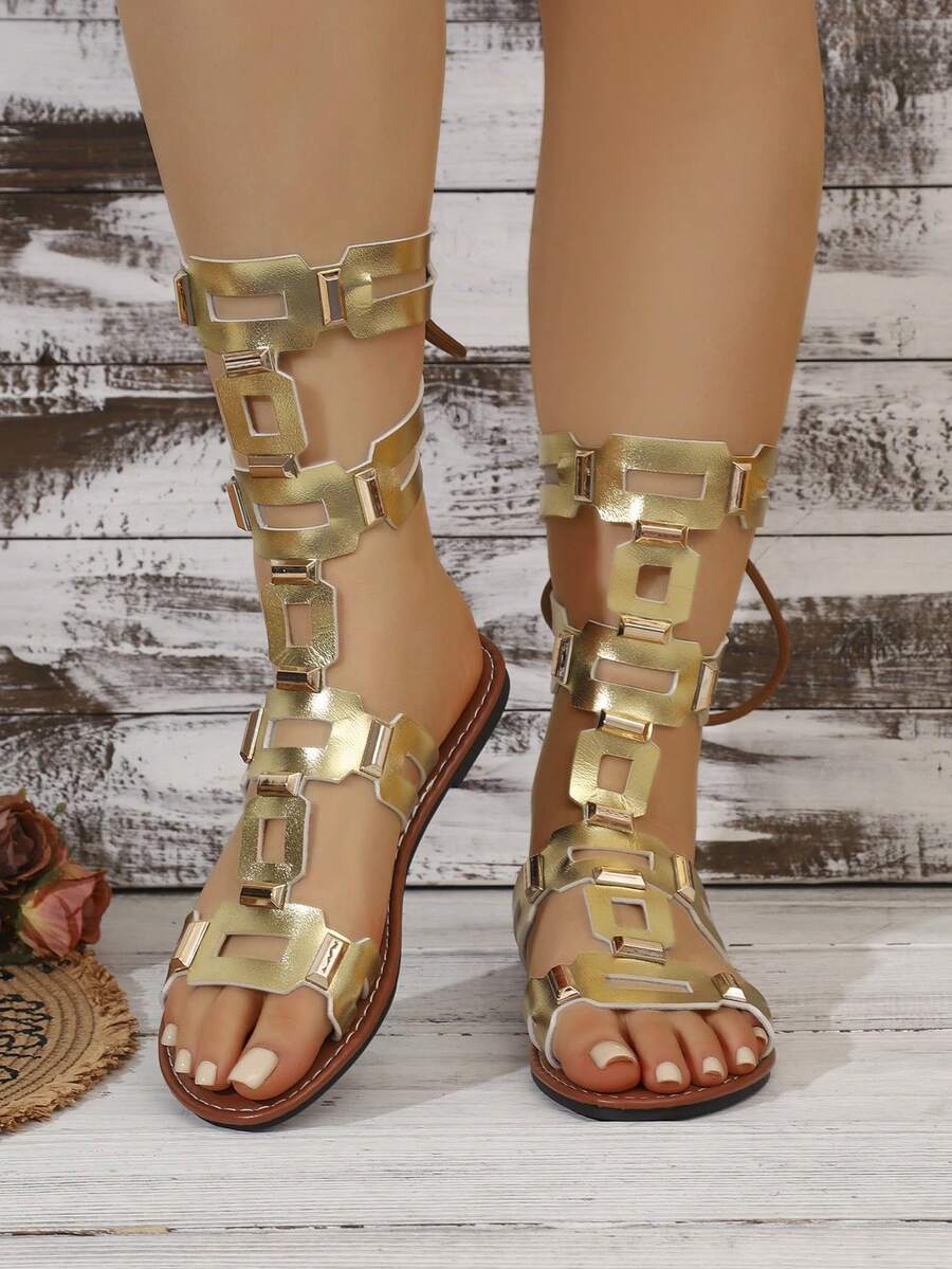 Women's Summer New High-Top Open Toe Lace-Up Design Hollow Out Rivet Inlaid Comfortable Fashion Casual Roman Sandals,Beach Shoes