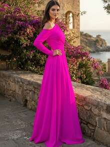 Vestido Largo Elegante Hombro Descubierto De Manga Larga Casual Fiesta Para Mujer - Rosa Neon - Ver 5