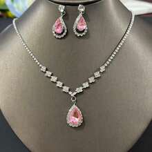 Bộ trang sức cưới đính đá Cubic Zirconia lấp lánh, gồm bông tai và dây chuyền, bộ trang sức đính đá. - Hồng - Xem 2