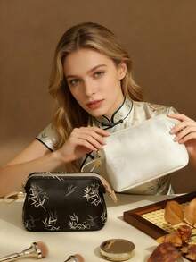 Bamboo Leaf Print Cosmetic Bag, Large Capacity Toiletry Bag, Retro Storage Bag, Portable Travel Makeup Bag, Multi-Function Makeup Bag, Luxury Leather Clutch, Commute Carry-On Storage Bag, Business Trip Toiletry Bag, Niche Design Makeup Bag, High-End Chinese Style Bag, Storage Bag, Portable Storage Bag, Chinese Aesthetic Cosmetic Bag - Multicolor - View 4