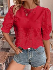 Women's Spring/Summer Solid ColorFabric Floral Embroidery Elastic Lotus Sleeve Blouse Red - Red - View 2