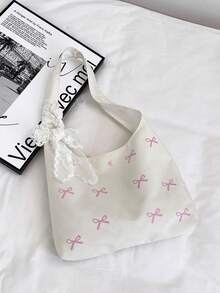 Cross-Border Silk Scarf Woven Straw Bag, Large Capacity New Bowknot Shoulder Bag, Minimalist Texture, Suitable For School, Commute, Beach, Tote Bag (Scarf Color Random) - White - View 9