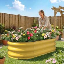 Kesfitt Raised Garden Bed, 4x2x1 FT Galvanized Steel Metal Raised Garden Bed, Oval Open-Bottom Design, 12-Inch Deep For Outdoor Vegetable & Herb Gardening, Forest Green - 乳黃色 - 查看 2