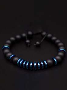 8毫米哑光黑玛瑙和蓝赤铁矿护身手链，增强力量和自信，吸收负能量，男士可调节手链，瑜伽冥想饰品，送给他的礼物 - 彩色 - 查看 4