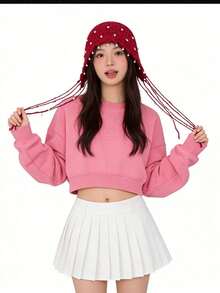 1pc Thick Handmade Crochet Hollow Out Beanie Hat, Warm Knitted Tasseled Cap, Fashion Accessory For Women, Suitable For Winter, Boho, 4th Of July, Mother-Daughter Outfit, Halloween, Vacation - Đỏ - Xem 4