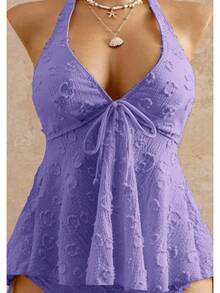 2026 European & American Style Lace Bikini, Halter Tie Ruffle Hem Tummy Control Two Piece Swimsuit For Hot Spring & Beach - Purple - View 3