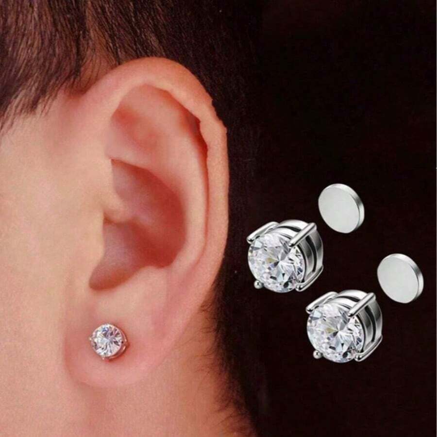 Bộ 2 khuyên tai kẹp từ tính bằng thép không gỉ, không cần xỏ lỗ tai, phù hợp cho cả nam và nữ. - Bạc - Xem 1