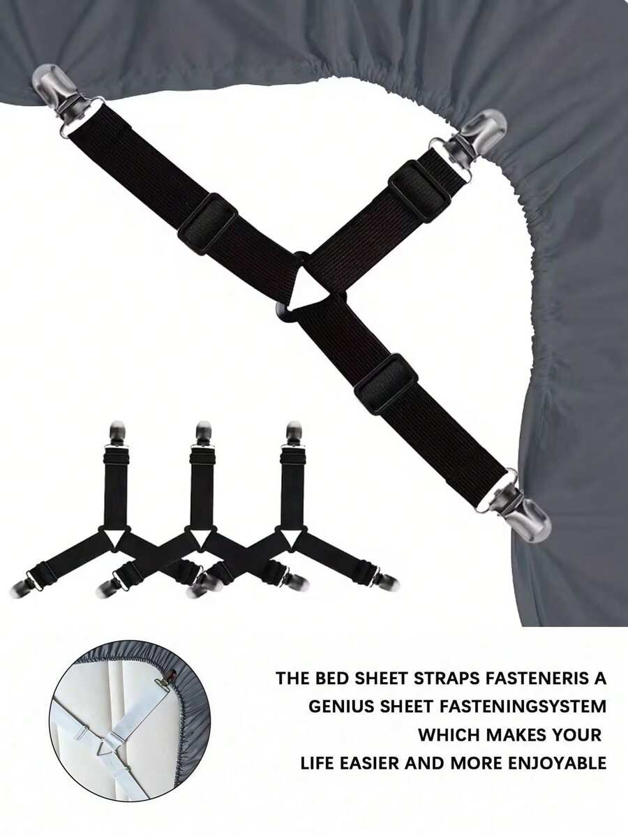 4个防滑三角床单固定带，可调节金属夹和松紧带，实用隐形防滑床品固定带，适用于沙发垫、被套、家纺和家居用品