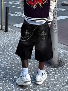 Quần short denim nam màu đen đậm, kiểu Gothic, thêu họa tiết, dáng rộng, thích hợp cho đi chơi, dự tiệc, đi học và phong cách đường phố. - màu đen - Xem 1