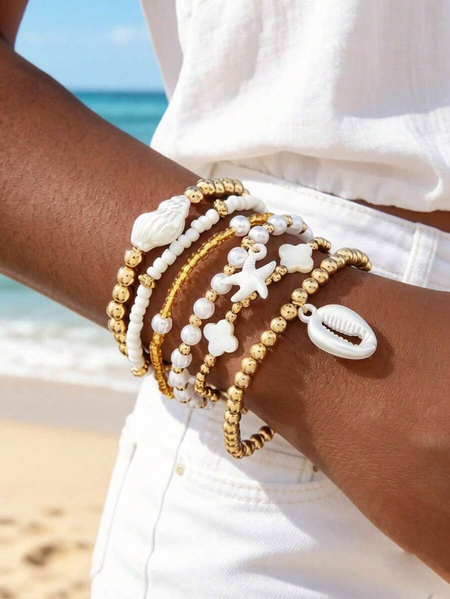 imoli Set de 6 piezas de pulseras de estilo bohemio con cuentas de vidrio, perlas de resina, trébol, estrella de mar y conchas, ideal para mujeres en vacaciones de playa, fiestas y como regalo de joyería
