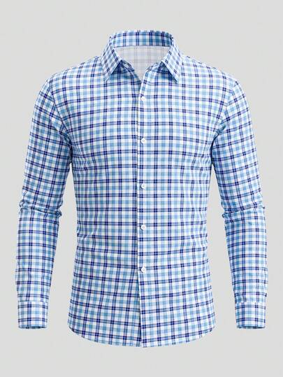 Camisa de manga larga con cuello y estampado a cuadros vintage para hombre, para papá e hijo, trabajo, papá, ¡Must-have de primavera y verano