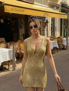 Đầm mini dệt kim không tay màu vàng kim HoloChill dành cho nữ, có chi tiết khoét lỗ và họa tiết hình tròn, đầm len ôm sát co giãn, đầm hè, đầm đi nghỉ mát, đầm dự tiệc thanh lịch, đầm đi biển, đầm dự đám cưới, đầm sinh nhật, đầm duyên dáng, đầm đi biển, đầm thường ngày. - Màu xanh Ô liu - Xem 3