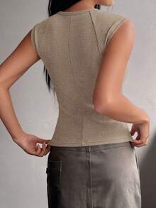 Women's Summer Clothes Tanktop Casual Ribbed Cap Sleeve Slim Fitted Knit Basic Cute Tops Tee Shirts  Fashion Vacation Dark Khaki Clothes Tops For Women - 深卡其 - 查看 2