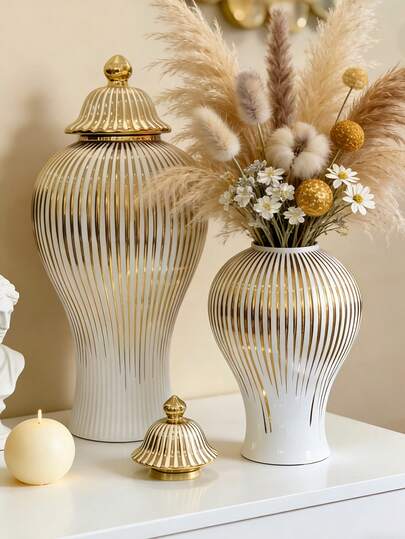 1 chiếc bình gốm hình gừng, họa tiết sọc vàng, bình trang trí đa năng, bình hoa bằng sứ có nắp đậy, đồ thủ công mỹ nghệ trang trí nhà cửa, bình hoa, chậu trồng cây, chậu hoa, trang trí mùa xuân, trang trí nhà cửa, bình hoa.