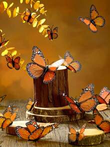 12pcs 3D Monarch Butterfly Wall Stickers - Made Of PVC Plastic, Vibrant Orange And Black Design, Ideal For Wedding, Birthday, Graduation And Holiday Decorations, Butterfly Decor, Room Decor, Bedroom Decor,Party Decorations Home Decor. - Orange - View 3