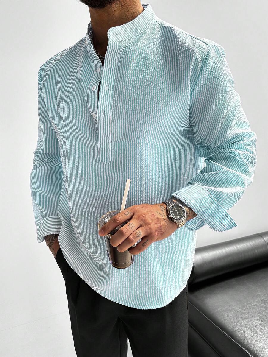 GloMan 男士半開襟立領亞麻長袖襯衫,輕量透氣寬鬆休閒風,適合夏季度假、派對、辦公室日常穿著,男士禮物 - 青碧色 - 查看 1